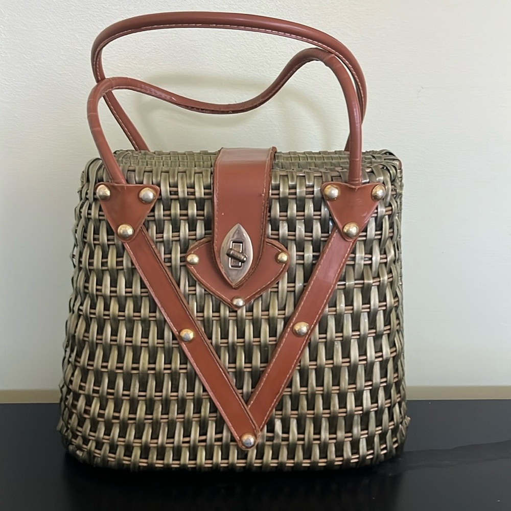 Vintage Woven Vinyl Coated Green Wicker Handbag